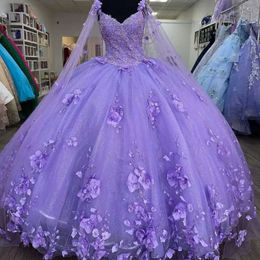 Robes Quinceanera paillettes violettes Light Spaghetti Spaghetti avec enveloppement Sweet 15 robes 3d Fleur Appliques de bal de bal perle Vestide du sol Vestidos