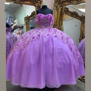 Robes Quinceanera Violet Princesse avec Des Fleurs Appliques À Lacets Perles Cristaux Doux 16 Robe Robe De 15 Anos