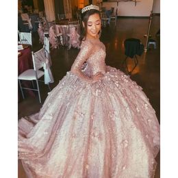 Robes quinceanera manches longues en or tulle rose rose arrière paillettes perlées fleurs faites à la main sur mesure princesse sweet 16 vestiges de bal de bal