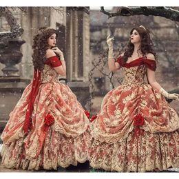 Jurken Quinceanera vintage rood donker met gouden kanten applique van de schouderruffels prom baljurk op maat gemaakte vestidos formele avondkleding korset terug