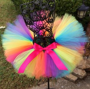 Jurken Regenboog Tutu Rok Baby Meisjes Handgemaakte Tule Rokken Ballet Dans Pettiskirts Tutu's met Roze Lint Strik Kinderfeest Kostuum Rok