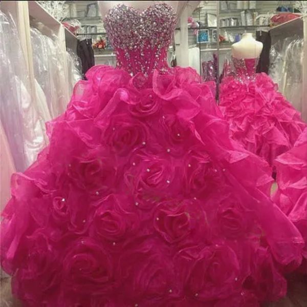 Vestidos REAL PRUEBA ROSE ROSFLADO ORGANZA QUINCEANERA Vestidos Nuevo llegada caliente con cuello con cuentas Cuello sin mangas fuera del hombro Bola