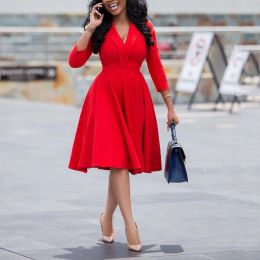 Robes Robe rouge pour bureau dame une ligne taille haute col en V profond trois quarts élégant travail affaires mode vêtements femme robe midi