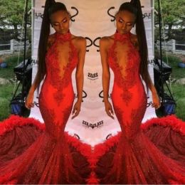 Jurken Red Halter Lace Appliques Prom Dresses 2K17 Mermaid Avondjurken Laferen Veather Sweep Train Arabisch Formele feestjurk aangepast MA