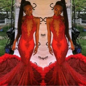 Jurken Red Halter Lace Appliques Prom Dresses 2K17 Mermaid Avondjurken Laferen Veather Sweep Train Arabisch Formele feestjurk aangepast MA