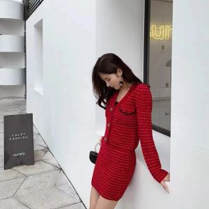 Jurken Red Tweed Jackets Coat + High Taille Mini Pencil Skirts Tweede stuk Tracksuit Elegant Koreaanse kantoor Dame Outfits Bright Silk D300