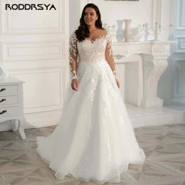 Dresses Roddrsya Plus Size Wedding Dress Elegant Long Sleeves Lace Bride Dress 2023 Tulle Applique Sweep Train Aline Vestido De Noiva
