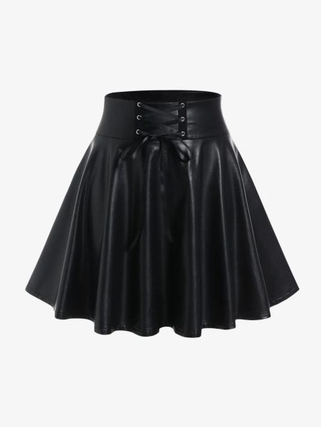Vestidos Rosegal Tallas grandes con cordones Mini faldas de cuero sintético Nuevo Negro Una línea Falda skater Mujeres Streetwear Bottoms 5XL