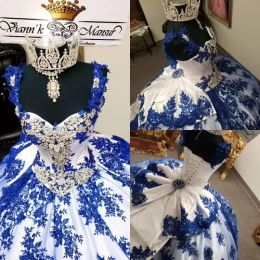 Robes Robes de quinceanera bleu royal et blanc 2022 STACTES SATIN LACE APPLIQUE POURD ROBLE DE BAL