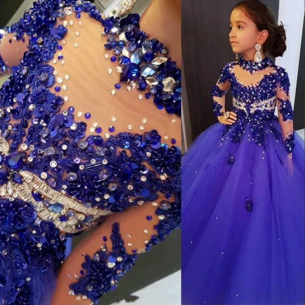 Vestidos Royal Blue Flower Girls Vestidos para bodas Apliques de encaje de cuello alto Cierre de cristal Mangas largas Tul Kids cumpleañeras