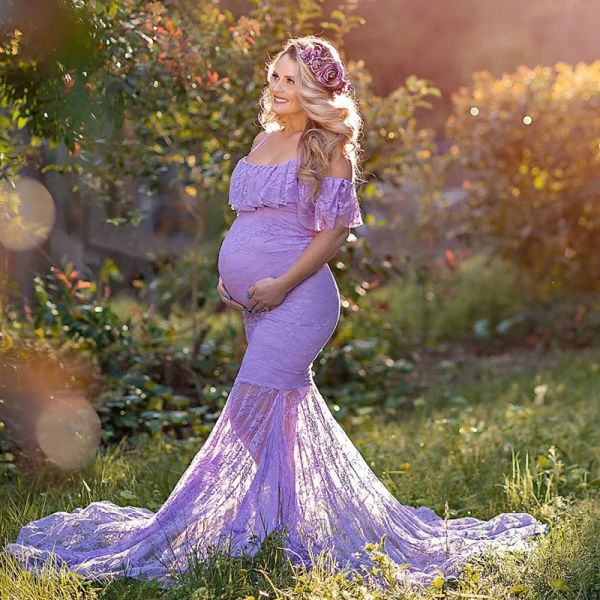 Vestidos Vestido de maternidad de encaje con volantes para sesión de fotos Vestido de embarazo elegante sin hombros Vestido maxi de mujer embarazada púrpura Accesorio de fotografía