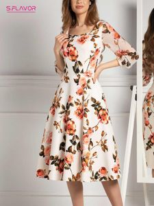 Robes S.FLAVOUR Vintage imprimé fleuri robes pour femmes décontracté 3/4 manches une ligne robe d'été femme Boho élégant robes de soirée