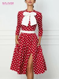 Jurken S.flavor Vintage dames Dot Wave-print Slanke midi-jurken Elegante oneck 3/4 mouw Aline Party vestidos met strik