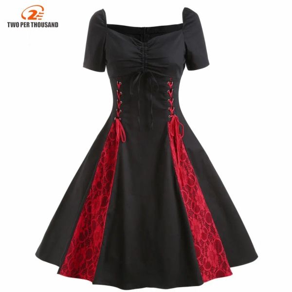 Vestidos S4XL Vestido de talla grande 2022 Verano Mujer Vintage Negro Rojo Vestido con cordón Busto fruncido Lazo Frente Túnica gótica Vestidos Rockabilly