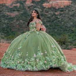 Vestidos Verde salvia Flores 3D Apliques florales Vestidos de quinceañera de encaje Vestido de fiesta Princesa Dulce 15 Vestido fuera del hombro Corsé Vestidos