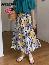 Jurken Seoulish zomer vintage inkt bloemenprint geplooide dames midi -rokken 2022 Nieuwe hoge taille mode rechte aline rokken vrouw