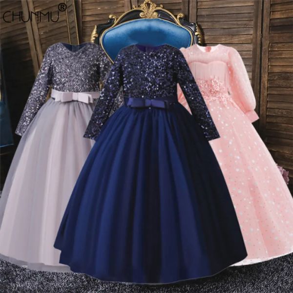 Robes Paillettes Fleur Fête De Mariage Pour Enfants Robe Longue Fille Élégante Fête D'anniversaire De Bébé Fête Dentelle Broderie Robe À Manches Longues