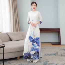 Robes Ensemble Deux Coupes Chinesestyle Femme Vêtements Haut Long Rose Blanc Ramping Casual Ancient My Day Ao Dai Vieam 2022 Imprimé