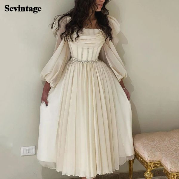 Vestidos Sevintage Marfil Manga larga Gasa Vestidos cortos de fiesta Plisados Huesos ajustados Con cuentas Fiesta formal Vestidos de mujer Vestido de noche de Dubai