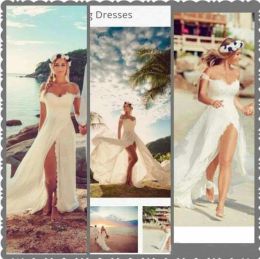 Vestidos Sexy Vestidos de novia de playa Sweetheart Off Shoulder Appliuqes Chiffon Alto Distancia de boda Barra Boho Boho Bridal Vestido