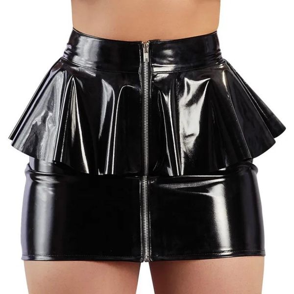 Vestidos Sexy Black Red Wet Look PVC PAGA DE LATEX Lápiz Falda de lápiz Falda de vinilo Viñón Ruffles brillantes Clubwear Bodycon Mini falda