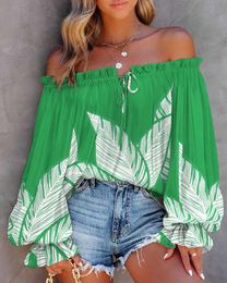 Abiti Sexy Boho con spalle scoperte Camicie con stampa Camicette Primavera Estate Donna Ruffles Camicia con lacci Casual Allentato Top e camicette da donna