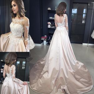 Jurken sexy champagne illusie halslijn lange mouw kanten satijnen trouwjurk bruidsjurken pure formele jurk vestidos de novia