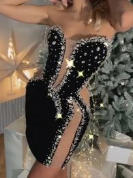 Robes Sexy sans bretelles col en V perlé robe de pansement femmes noir en relief maille luxe diamant Mini corps robe célébrité robe de soirée 231114