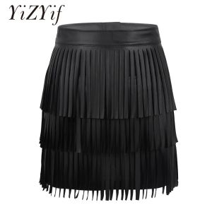 Jurken Sexy Vrouwen Kwastje Mini Rok Party Clubwear Hippie Boho Pu Leer Hoge Taille Gelaagde Fringe Tassel Bodycon Party Mini Rok