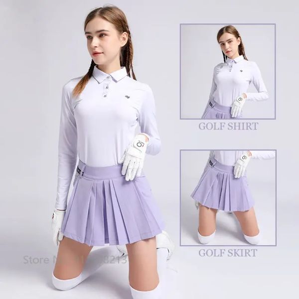 Robes SG dames Style coréen t-shirts femmes à manches longues mince chemise de Golf fille violet plissé jupe de Golf jupe élégante avec short intérieur