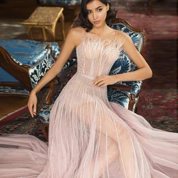 Jurken Sharon zei blush roze veren Dubai avondjurk voor vrouwen trouwfeest Arabisch Lange elegante formele prom -jurken SS401