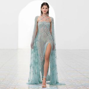 Robes Sharon Said Dubai Aqua Lilac arabe robe de soirée sirène avec manches Cape croisé femmes robes de soirée de mariage Ss391