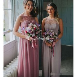 Robes transparentes 2019 Neck Bridesmaid country sans manches perles de perles en cristal en raies