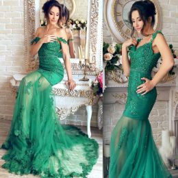 Robes en jupe transparente Appliques vertes magnifiques Offtheoulder sirène robe de bal vert vestime de soirée tulle vestidos de fiesta baratos
