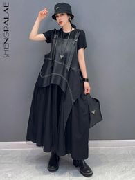 Robes SHENGPALAE PU cuir Patchwork noir robe à bretelles pour les femmes Vintage décontracté ample robe Y2k vêtements 2023 printemps nouveau 5R1520