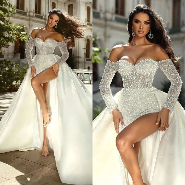 Robes côté sirène chérie mariage perles romantiques split satin Sweep train backless sans zipper fait personnalisé plus taille de robe de mariée vestide de novia 0510