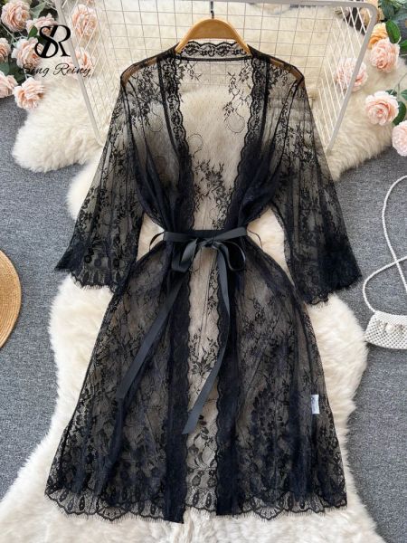 Robes Singreiny Mesh Shee Sensual Cardigan Nightwear Femmes V Neck Lace Print Night Robe Summer Long Manches Lingerie Pyjamas érotique