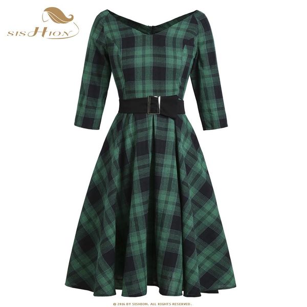 Vestidos SISHION otoño 3/4 manga verde a cuadros vestido de fiesta de mujer Inglaterra cinturón vuelto británico Rockabilly años 50 Vestidos Vintage VD1647