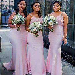 Jurken maat bruidsmeisje roze plus spaghetti banden kanten applique kralenmeisje bruidsmeisje jurk strand bruiloft feestvestidos vloer lengte 2021 op maat gemaakt