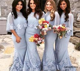 Jurken Sky V bruidsmeisje blauwe nek spaghetti riemen met cape kanten applique op maat gemaakte bruidsmeisje jurk land bruiloft slijtage plus maat 403
