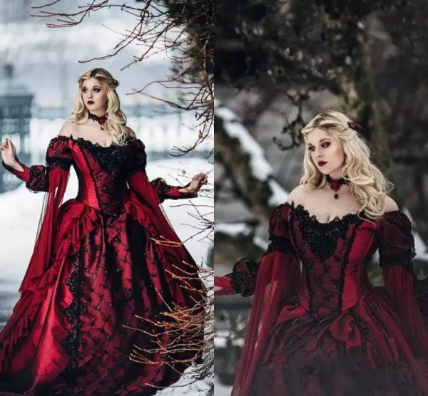 Vestidos Dormir Bella Princesa Medieval Red y Black Gothic Gothic Wedding Vestido de mangas largas Apliques Victorianos Vestidos de novia Custom Mad