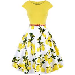 Robes Sans manches 50 s 60 s rétro Vintage femmes tenue décontractée Pinup Rockabilly Robe Femme Jurken citron imprimé fleuri jaune fête Vestido