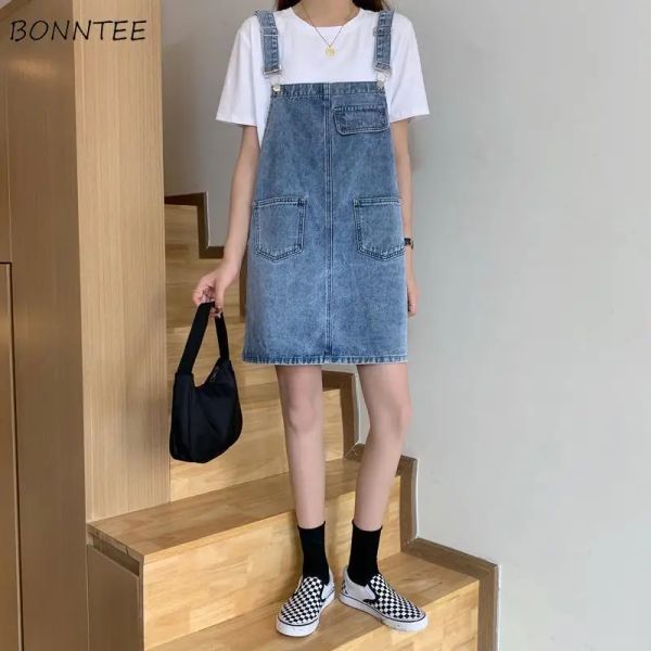 Robes Robes sans manches femmes rétro Denim été Sarafan ample ensemble Femme décontracté élégant solide Allmatch Preppy Ulzzang Ins Kawaii