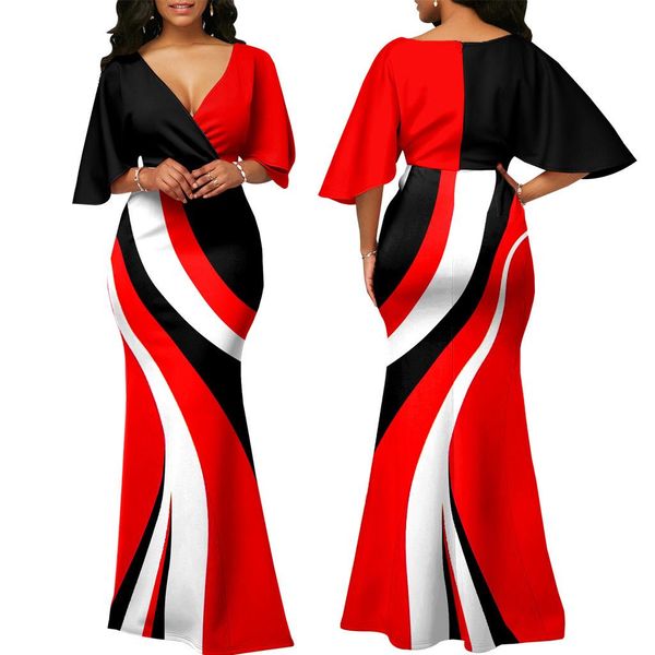 Vestidos Vestido delgado con cuello en V, vestido de noche hasta el suelo para otoño, moda, vestido estampado rojo, negro y blanco, vestido elegante para mujer, ropa femenina