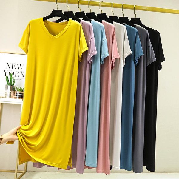 Robes en Viscose douce pour femme, tenue décontractée, ample, manches courtes, col en v, t-shirt renversé sur le côté, vêtements à la mode