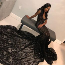 Robes sud-africain longues robes de bal sirène V Appliques de cou paillettes plus taille de soirée Dubai Black Girls Formel Wear Abendkleid