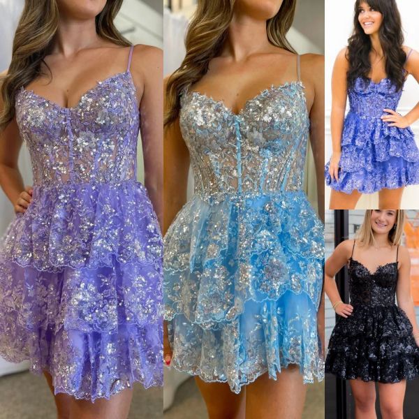 Robes Sparkling Homecoming Robe 2k24 Court Volants Corset Spaghetti Lady Pageant Hiver Soirée Formelle Cocktail Hoco Robe Piste