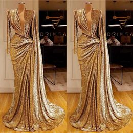 Vestidos de oro brillante con pliegues de cuello en V profundo Vestidos de baile de graduación de la sirena de lentejuelas Dubai African Special OCN Vestido 0420