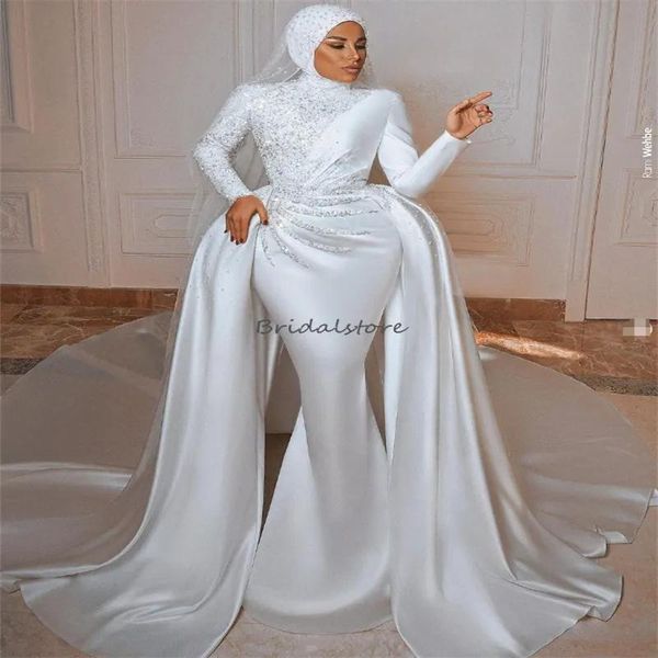 Robes Robe de mariée musulmane scintillante avec train Overksirt paillettes ivoire sirène arabe Dubaï robes de mariée à manches longues femmes robe de mariée Ve