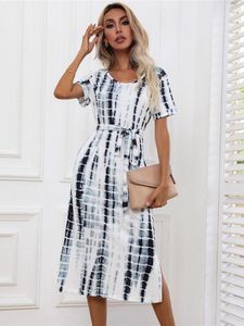 Jurken Spring Fashion Tie Dye Bandage Dress For Women 2022 Nieuwe Casual O nek korte mouw slanke print dames zomersplitjurk